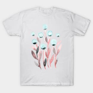 Simple watercolor flowers - pastel blue and living coral T-Shirt